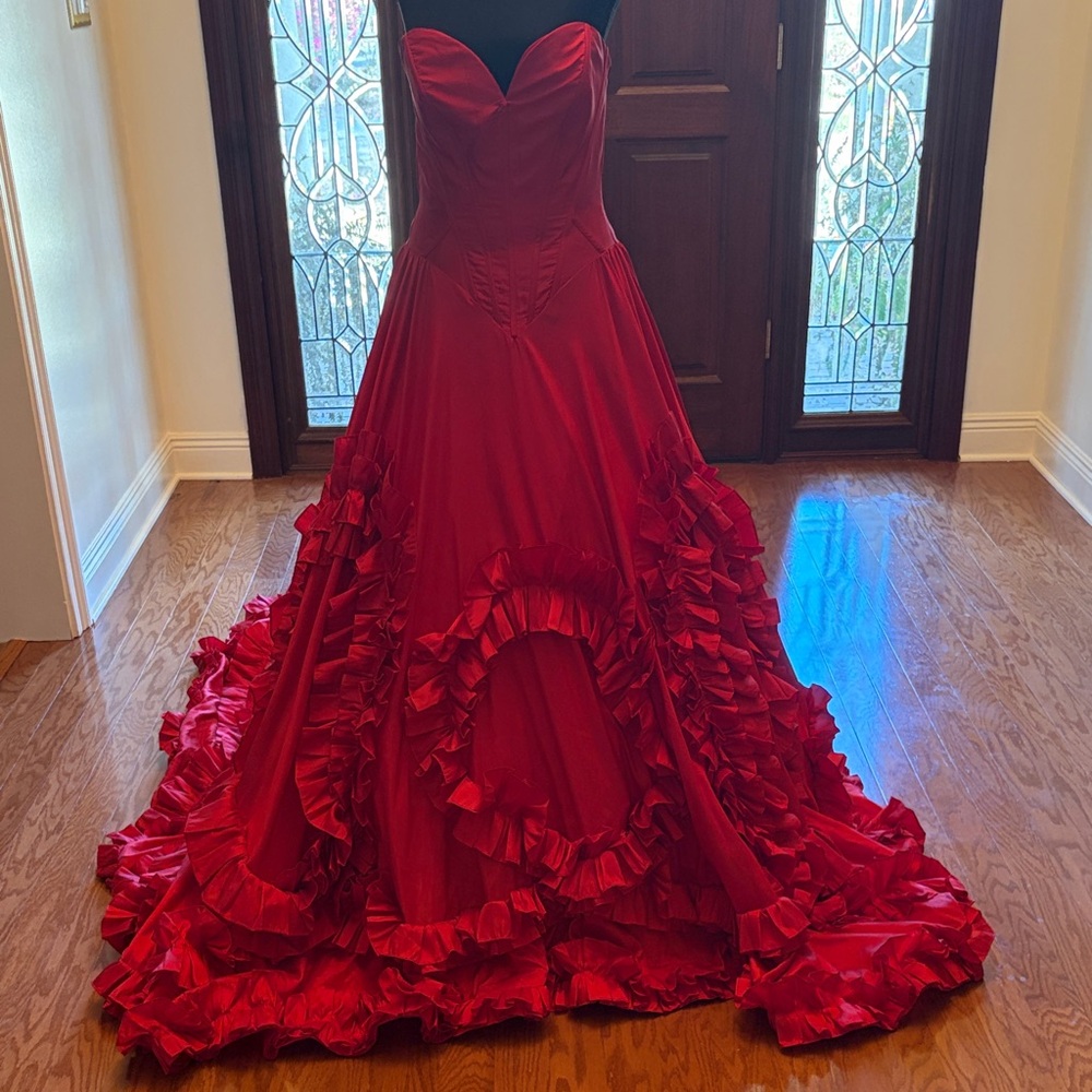 Sherri Hill Red Ruffled Ball Gown Prom Dress - Picture 3 of 12